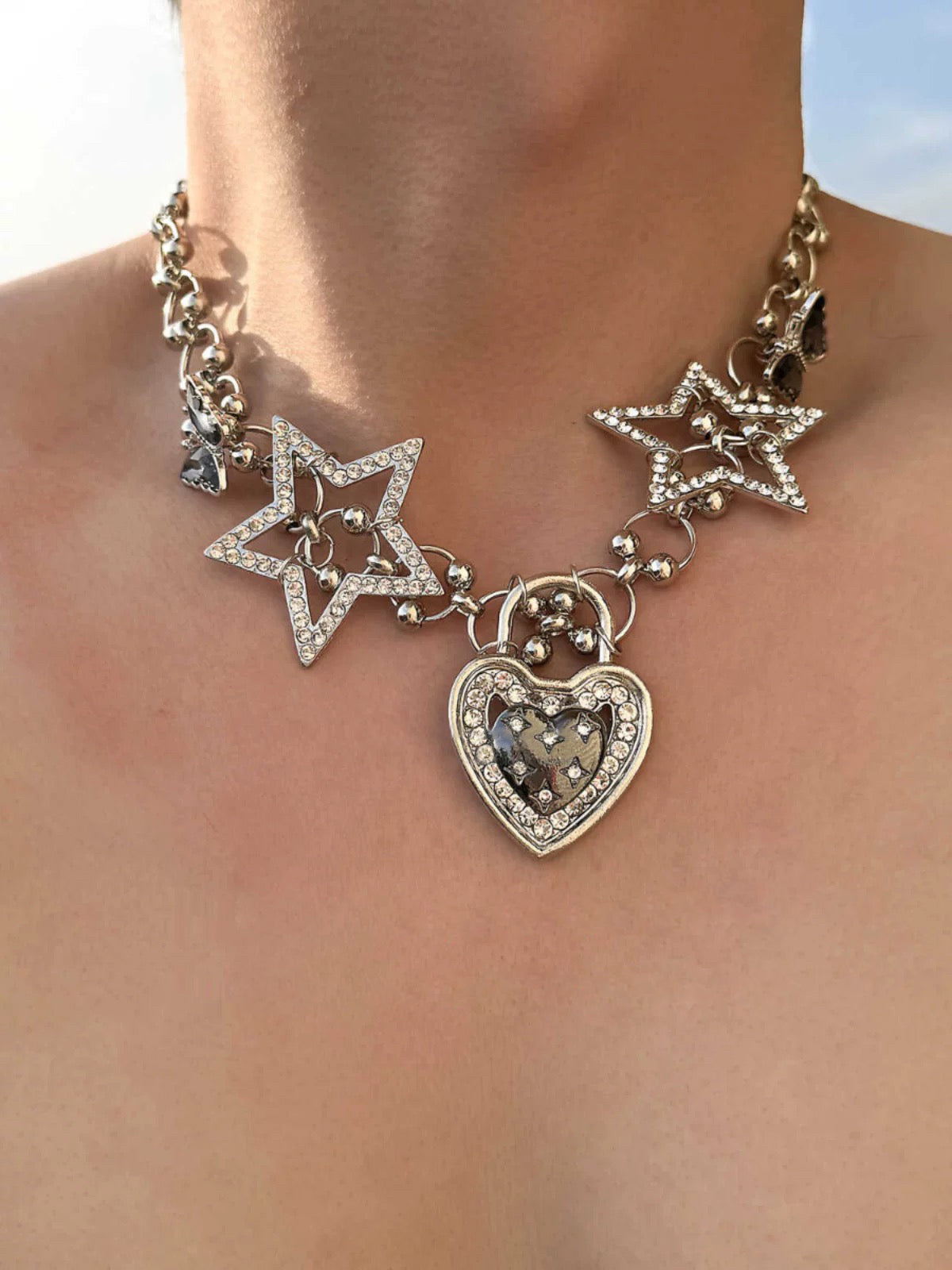 Brick Lane Heart Star Charm Heavy Chain Necklace - Silver