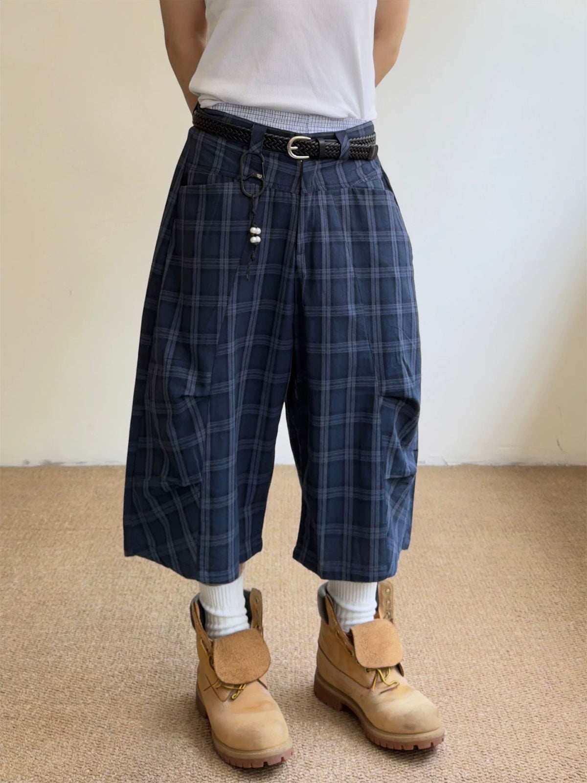 Brick Lane Wide-leg Check Pattern Denim Jorts - Navy