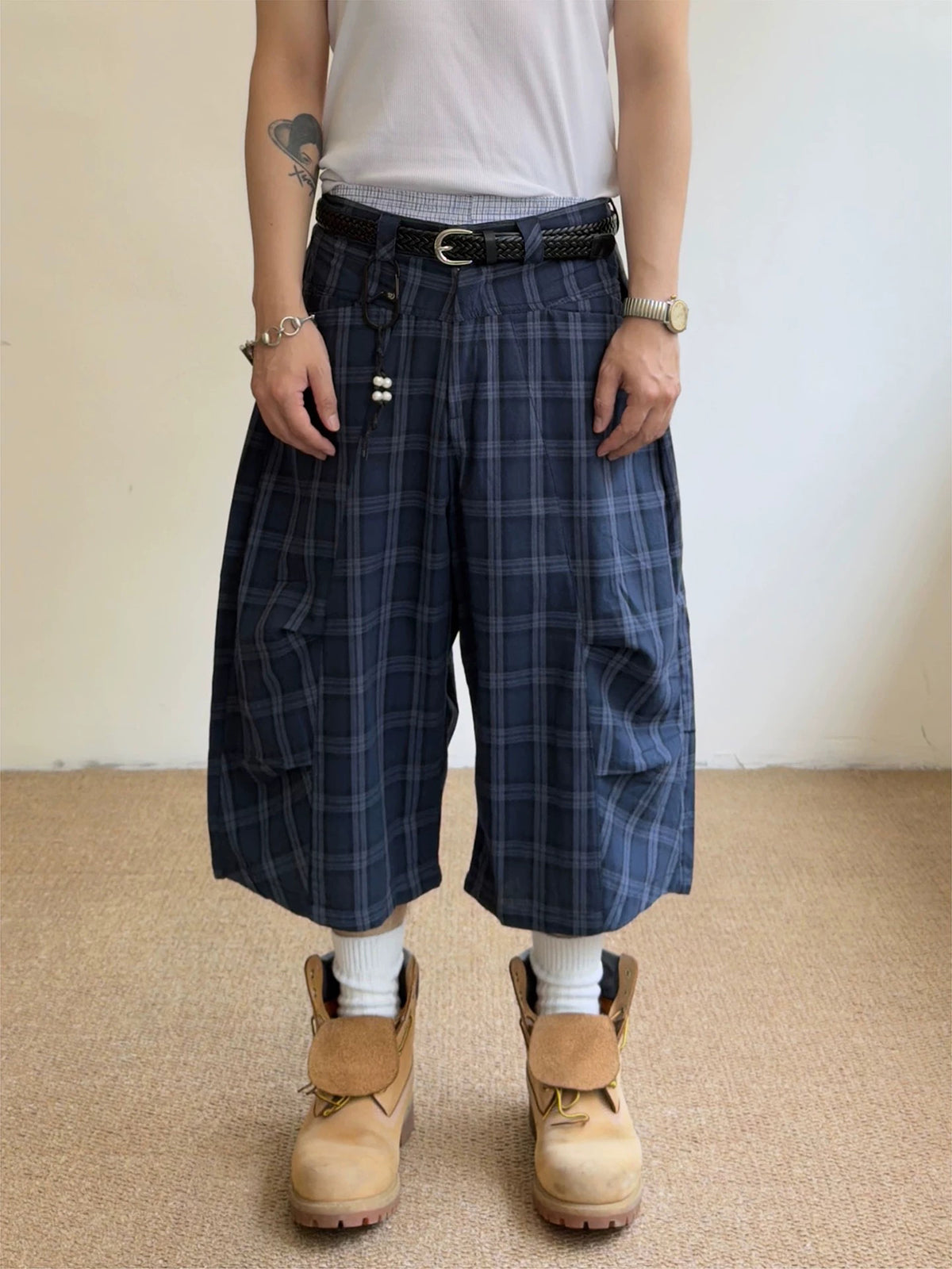 Brick Lane Wide-leg Check Pattern Denim Jorts - Navy