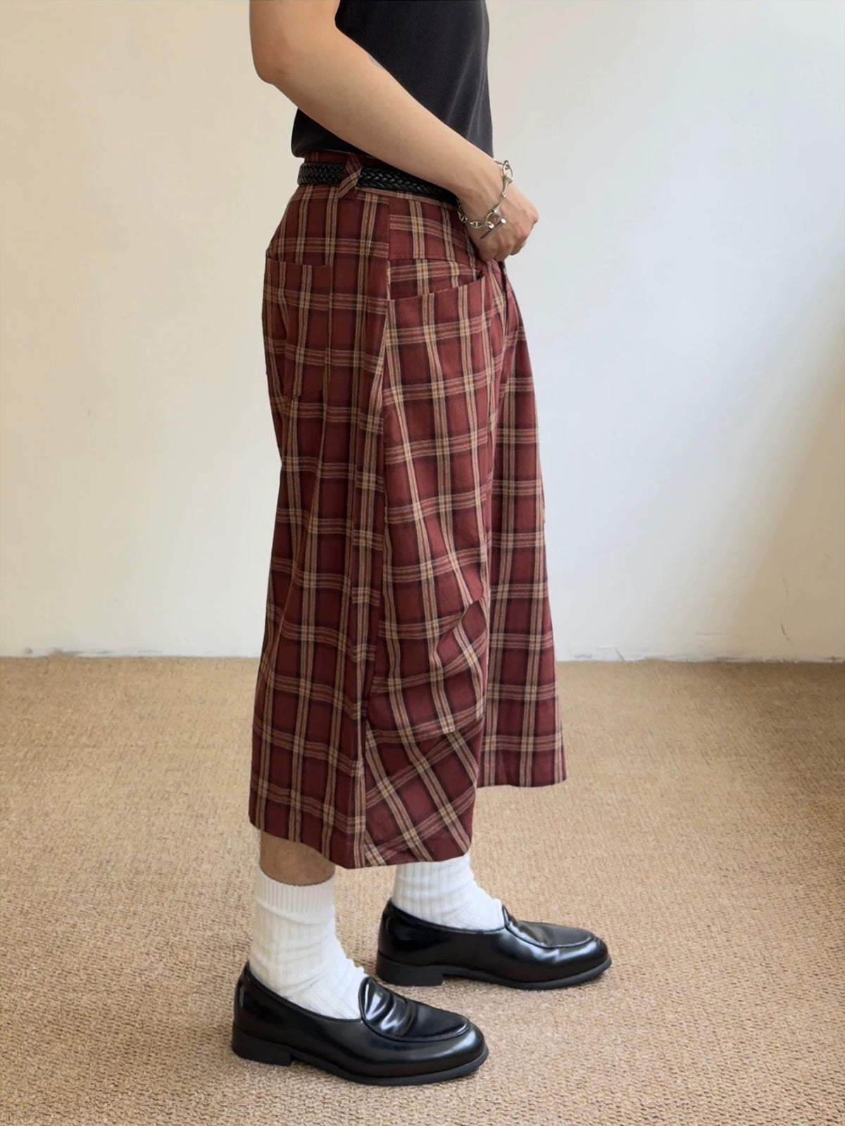 Brick Lane Wide-leg Check Pattern Casual Jorts - Red/Brown
