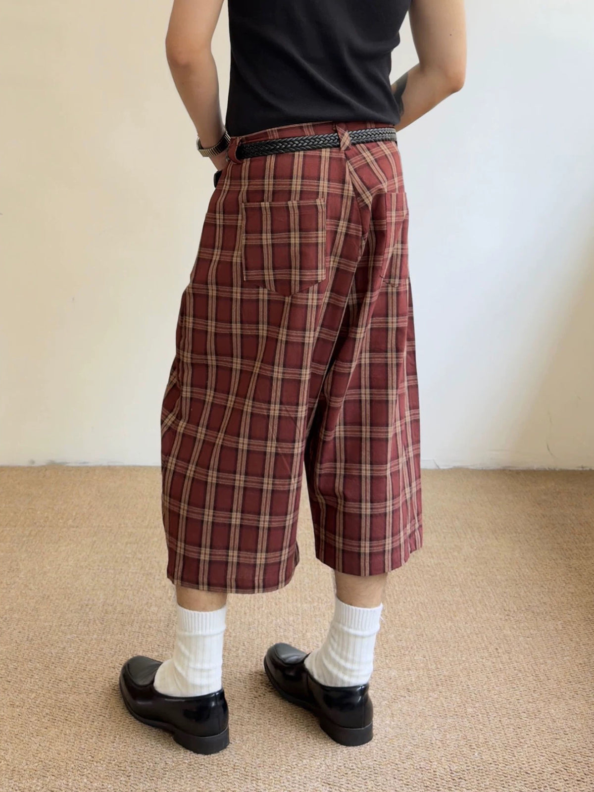 Brick Lane Wide-leg Check Pattern Casual Jorts - Red/Brown