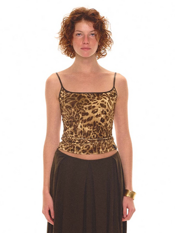 Brick Lane Skimming Leopard Velvet Classic Cami - Brown/Yellow