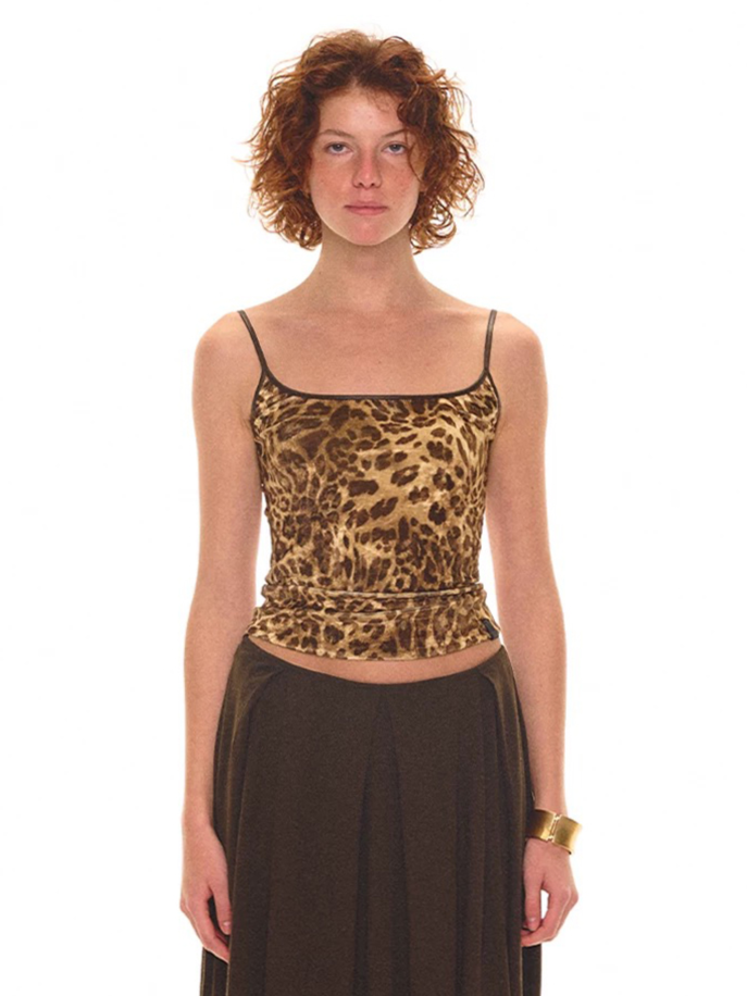 Brick Lane Skimming Leopard Velvet Classic Cami - Brown/Yellow