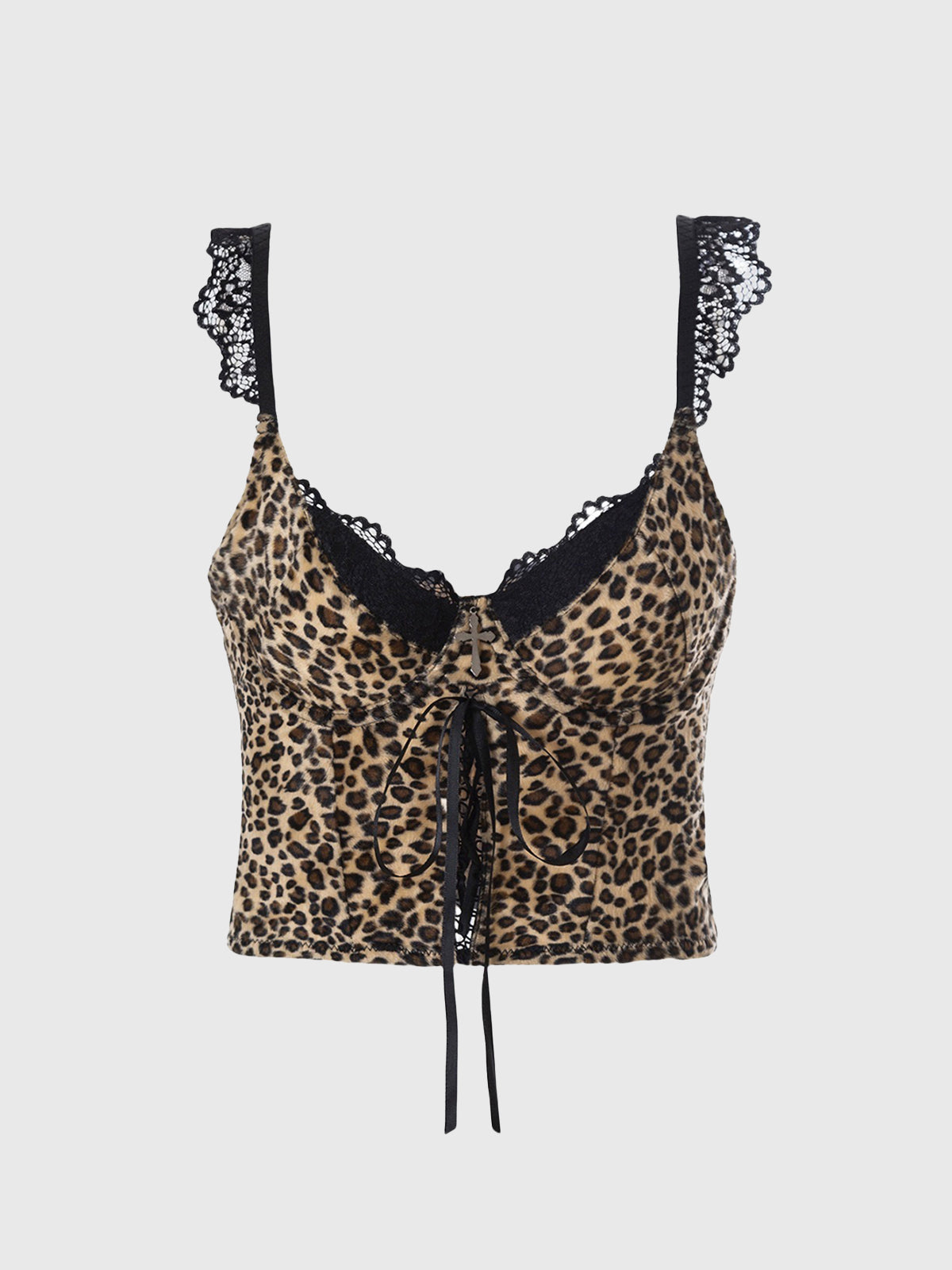 Brick Lane Skimming Lace Leopard Strappy Velvet Top - Brown
