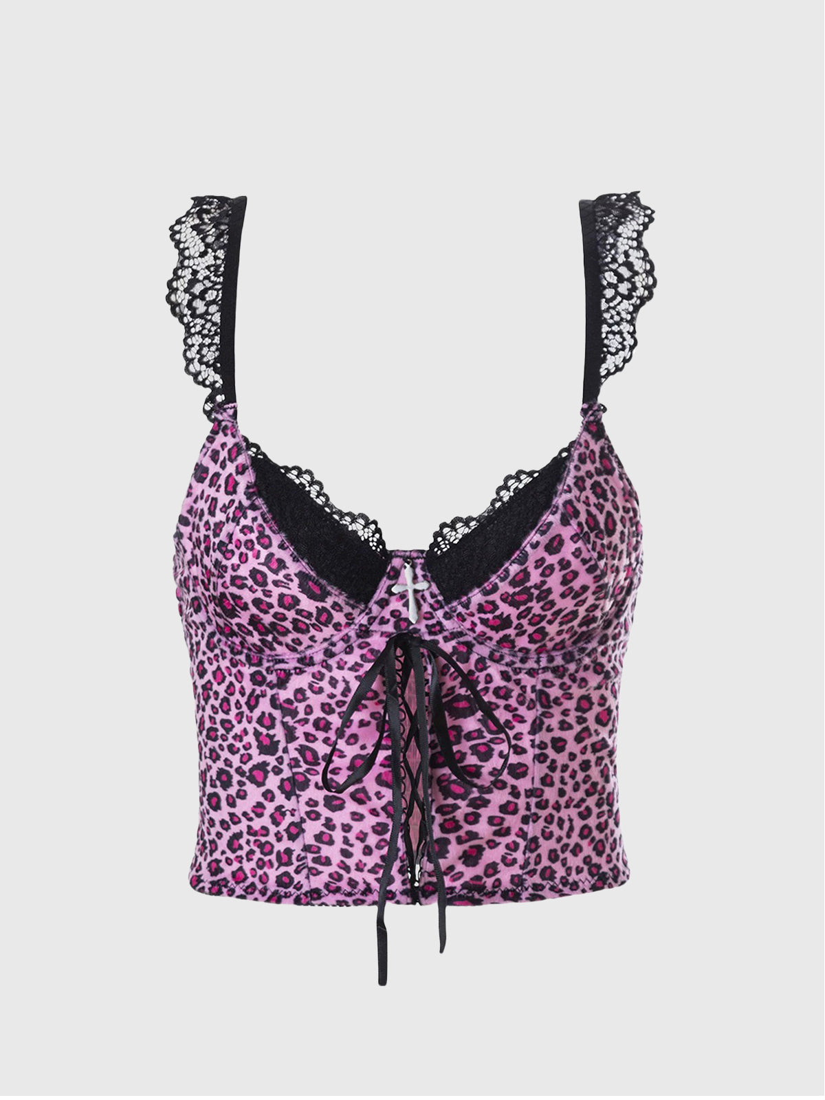 Brick Lane Skimming Lace Leopard Strappy Velvet Top - Purple