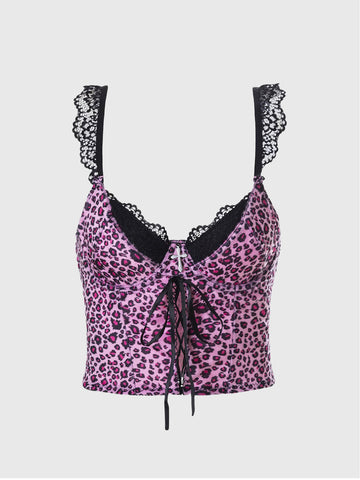 Brick Lane Skimming Lace Leopard Strappy Velvet Top - Purple