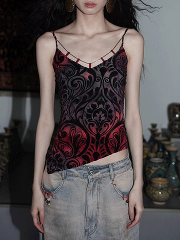 Brick Lane V Neck Mesh Aesthetic Translucent Cami - Red/Black
