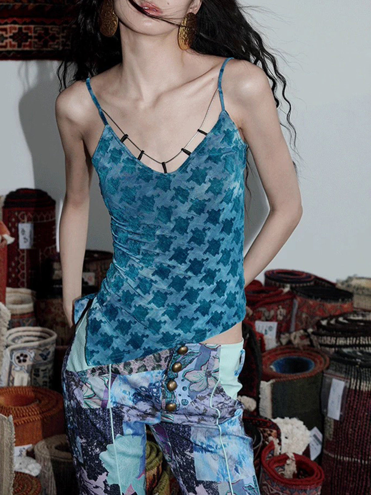Brick Lane V Neck Mesh Abstract Printed Cami - Teal Blue