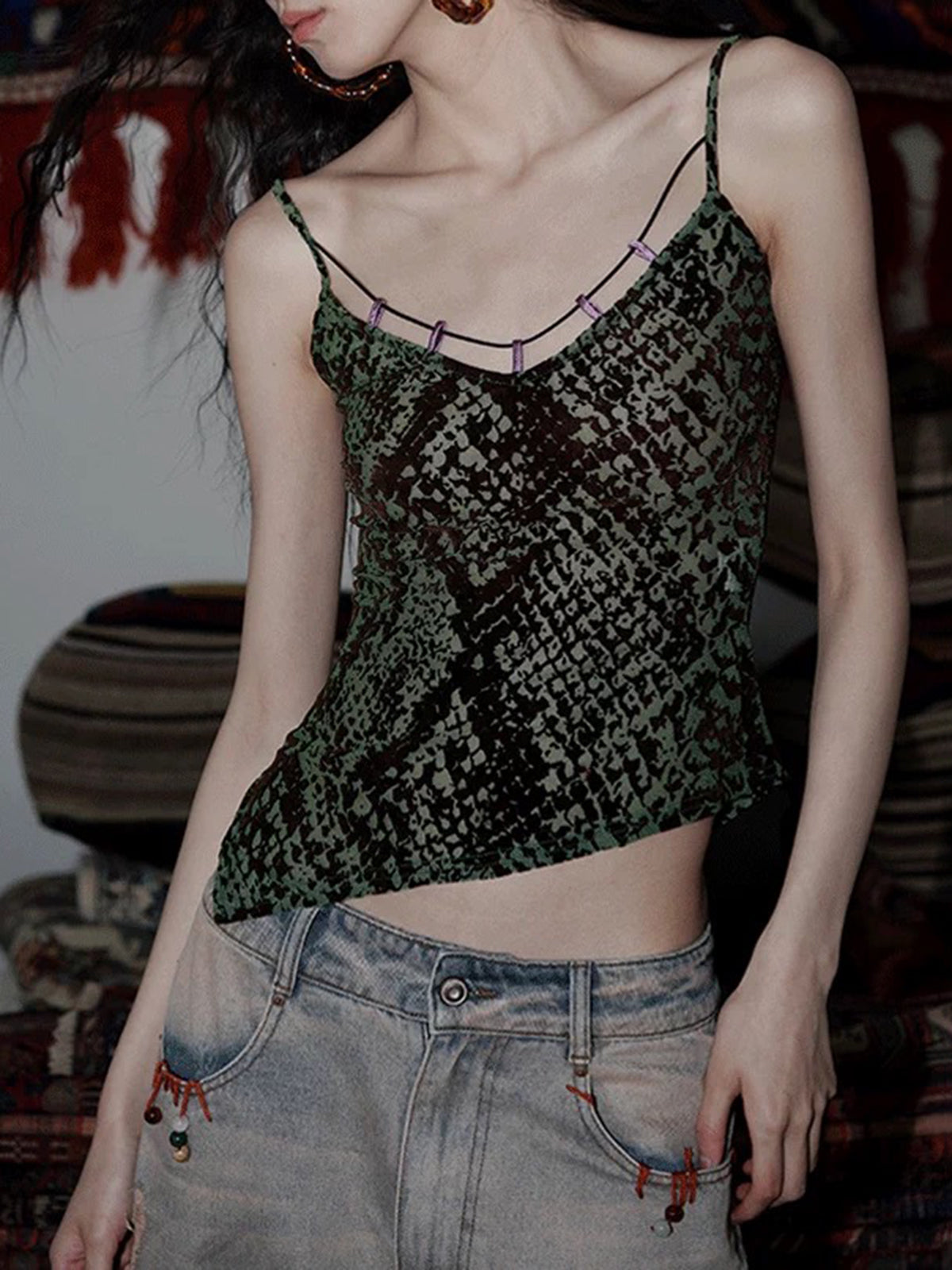 Brick Lane V Neck Mesh Abstract Printed Cami - Olive Green