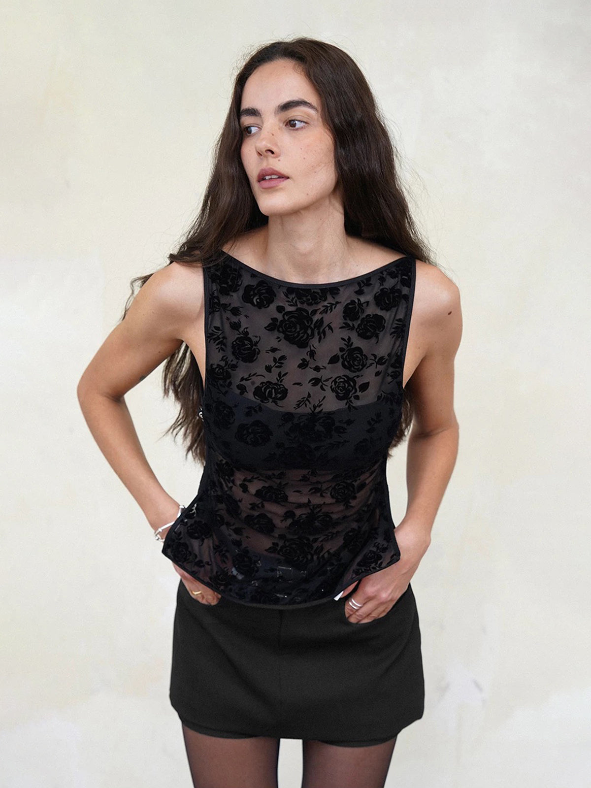 Brick Lane Mesh Sheer Floral Lace Sleeveless Top - Black