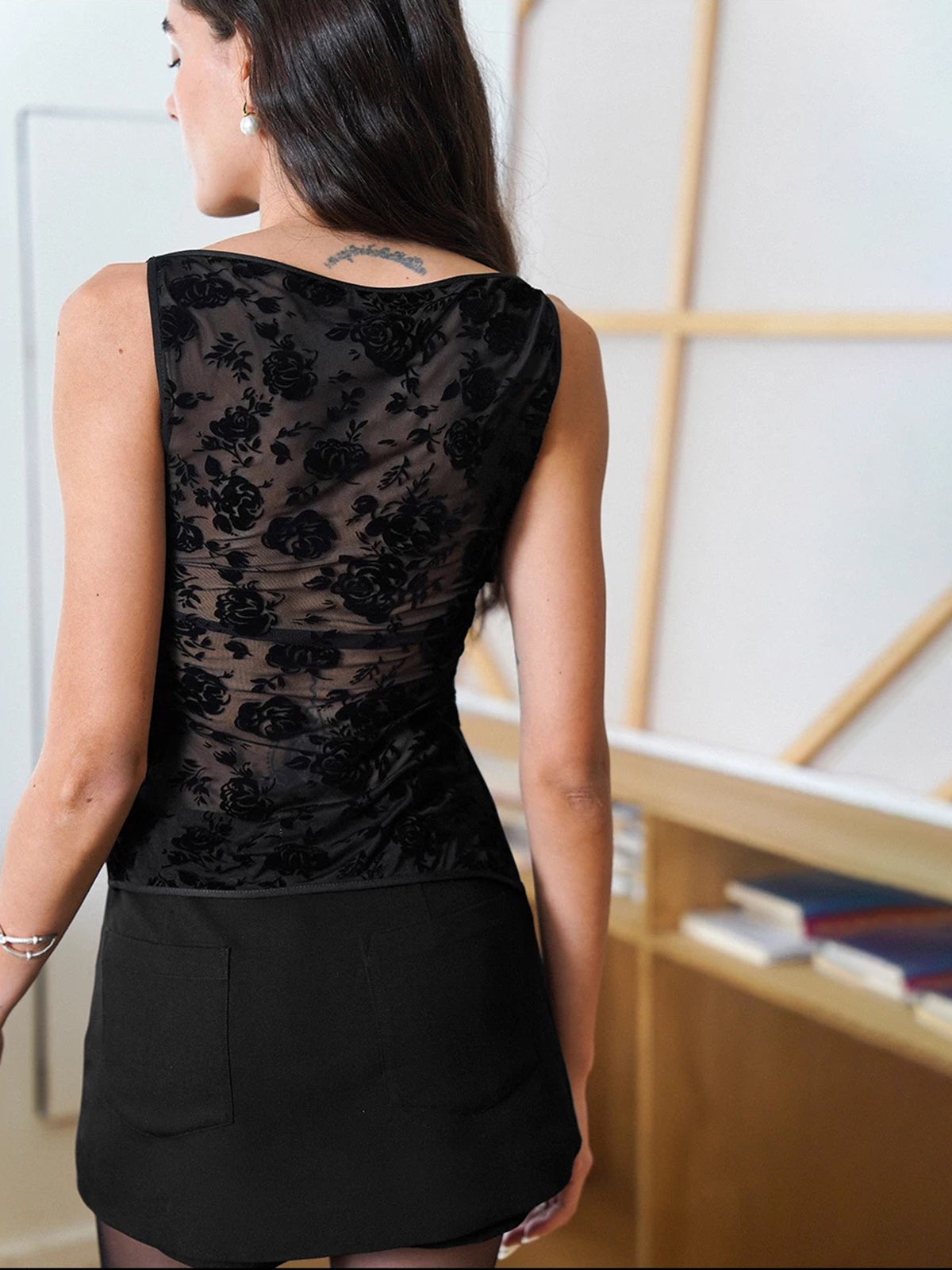 Brick Lane Mesh Sheer Floral Lace Sleeveless Top - Black