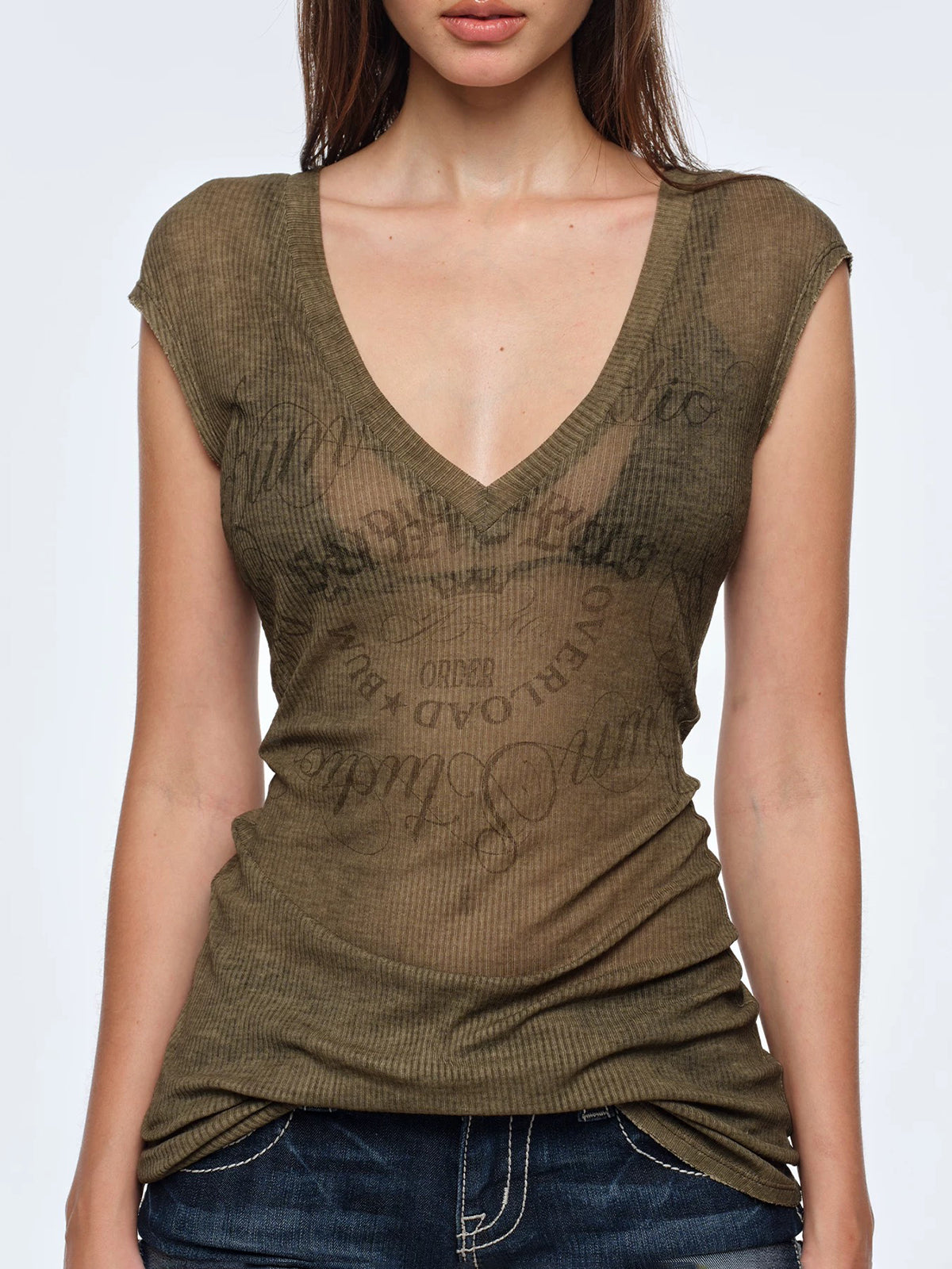 Brick Lane Skimming Sheer Deep V Neck Ruched Top - Army Green