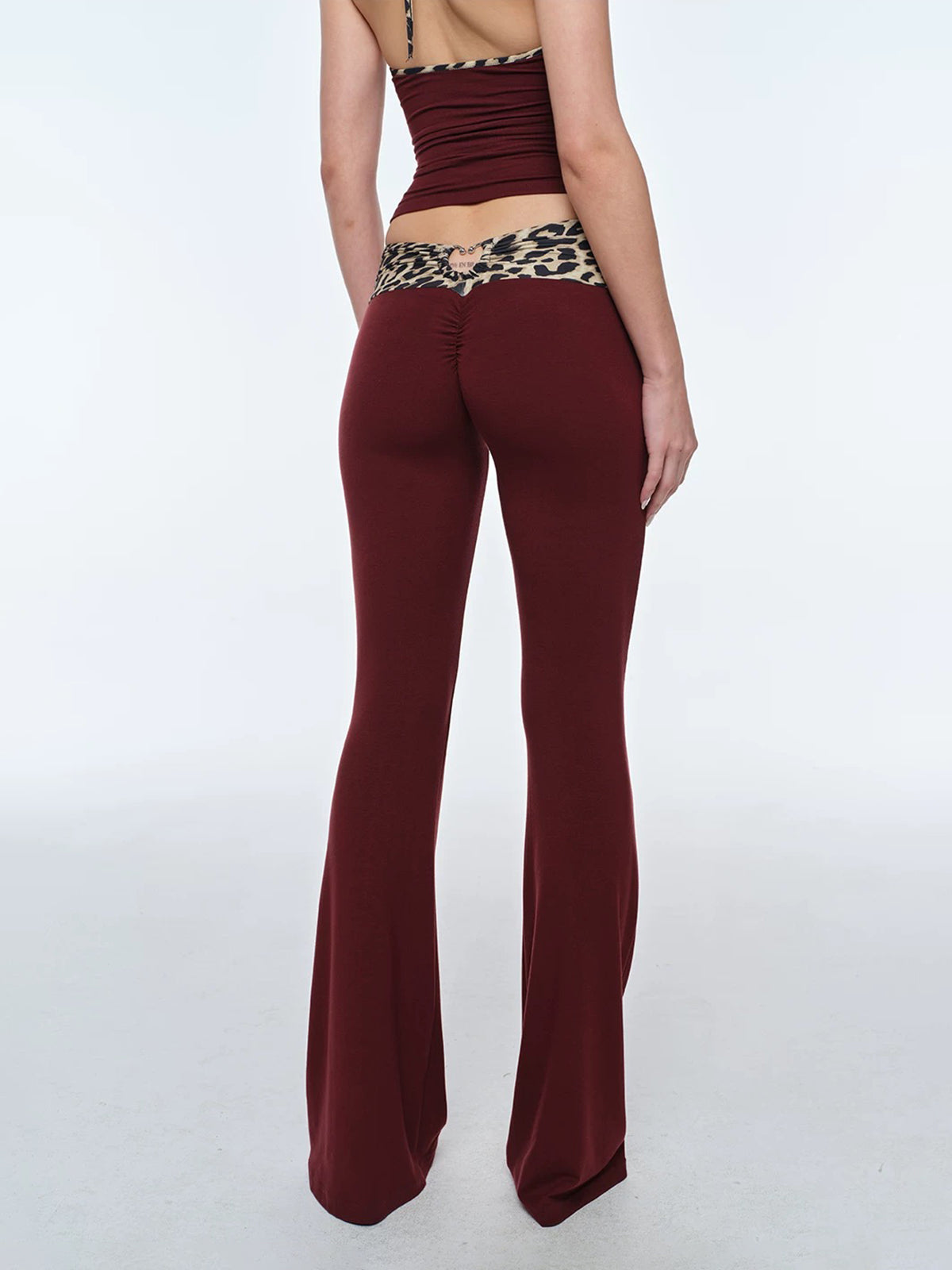Brick Lane Skimming Leopard Contrast Color Flare Pants - Burgundy