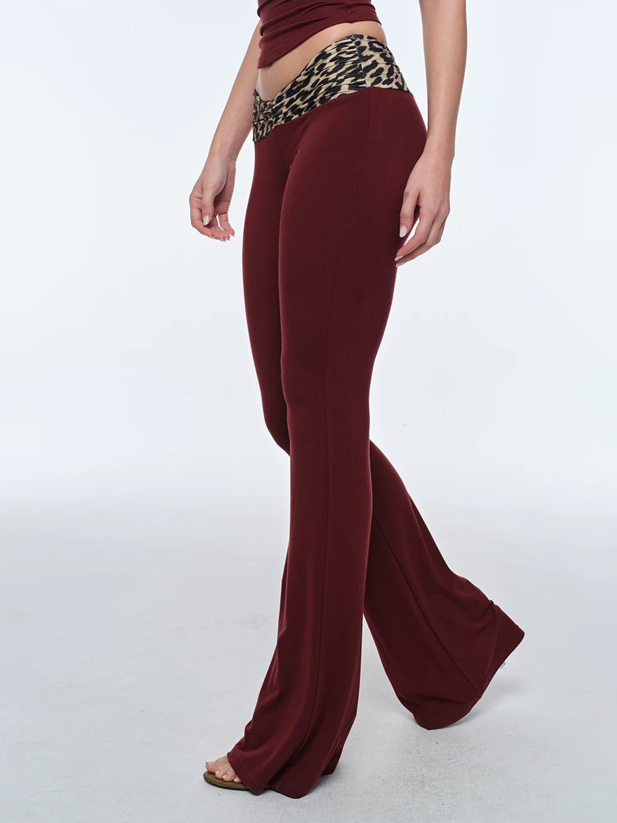Brick Lane Skimming Leopard Contrast Color Flare Pants - Burgundy