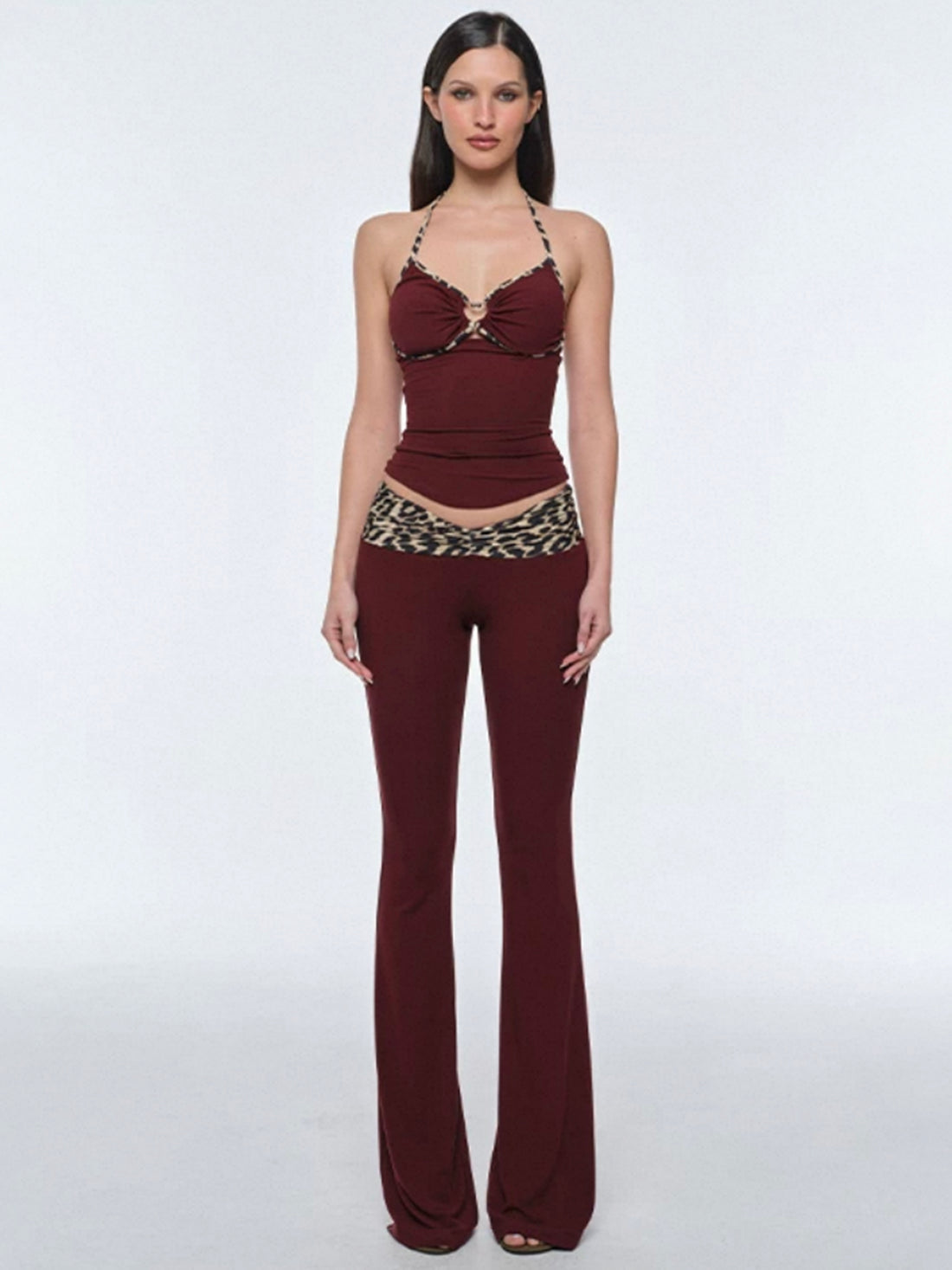 Brick Lane Skimming Leopard Contrast Color Flare Pants - Burgundy