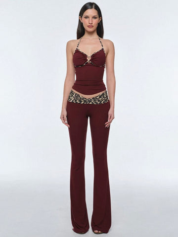 Brick Lane Skimming Leopard Contrast Color Flare Pants - Burgundy