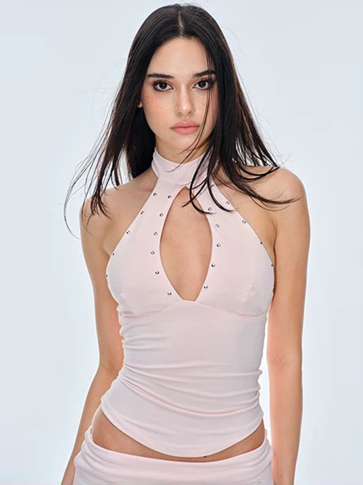 Brick Lane Halter Rhinestone Detailed Cut-out Top - Pink