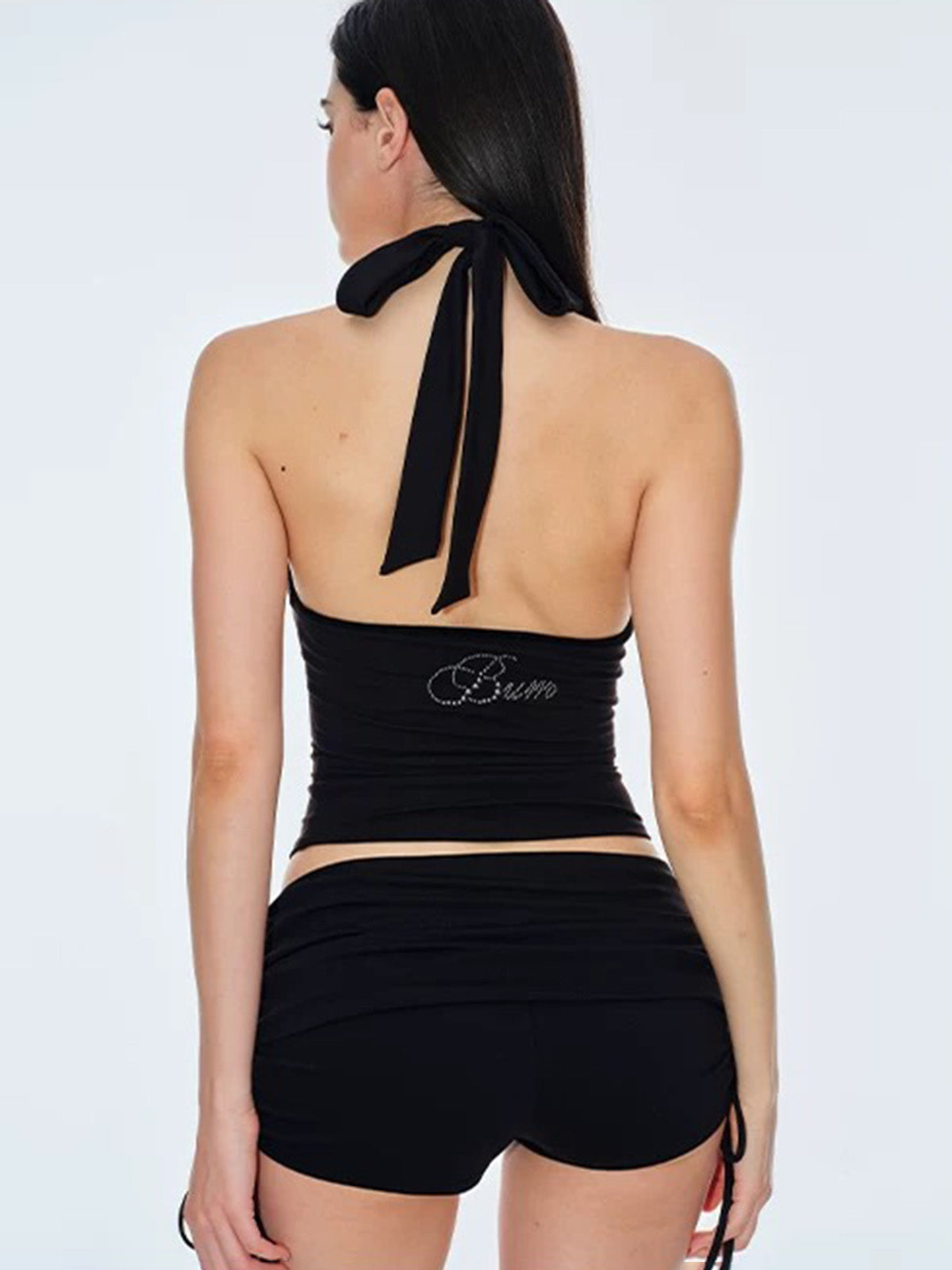 Brick Lane Halter Rhinestone Detailed Cut-out Top - Black