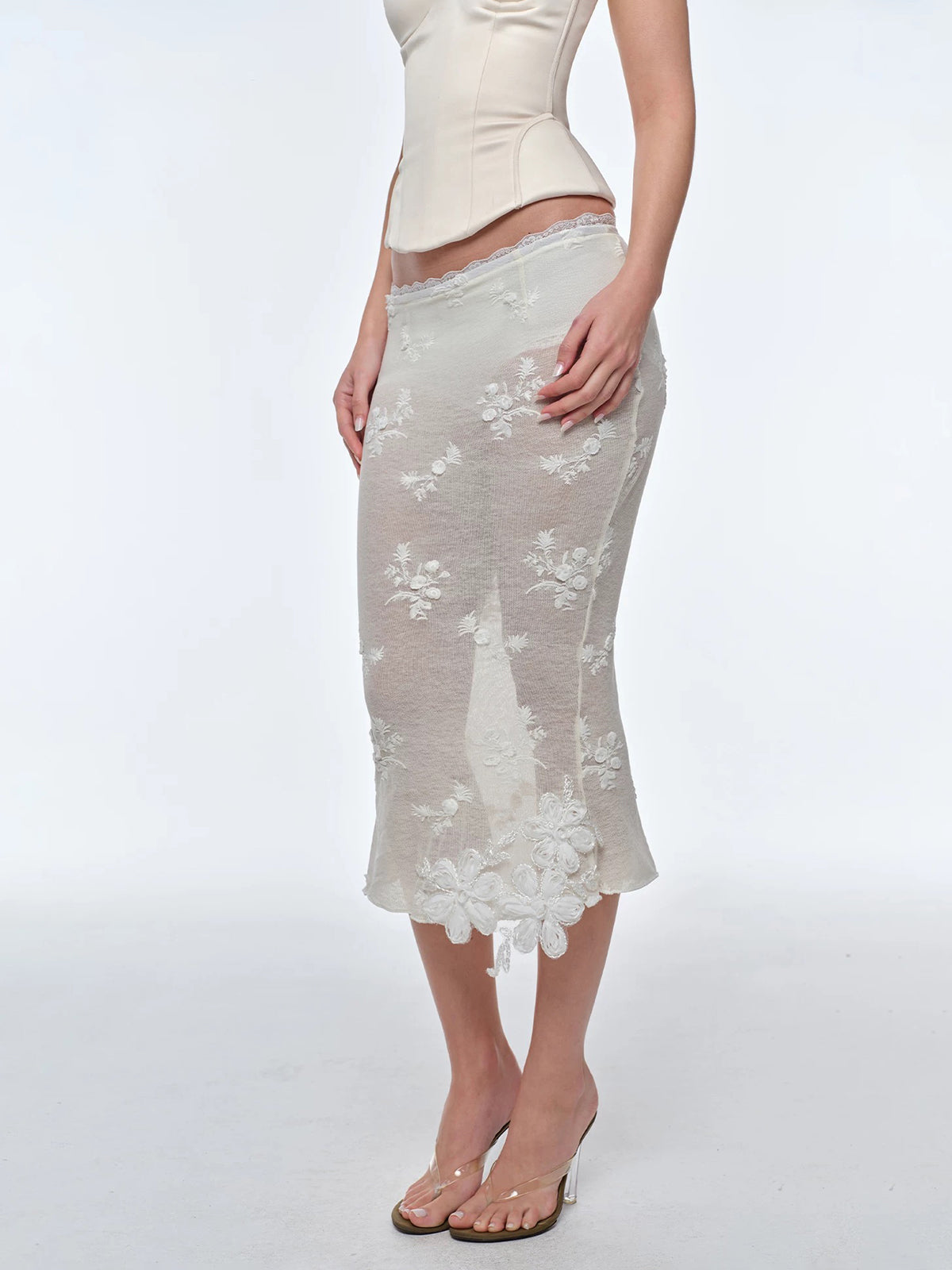 Brick Lane Skimming Lace Mesh Sheer Patchwork Maxi Skirt - Light Beige
