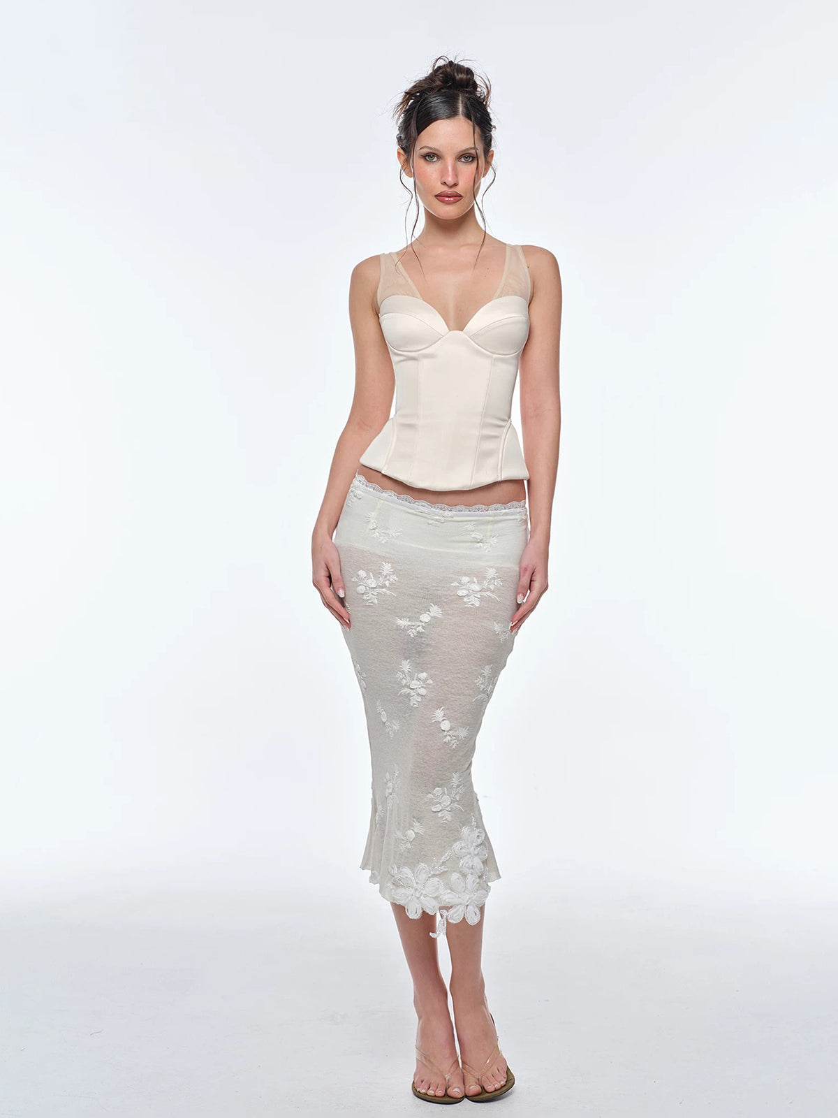 Brick Lane Skimming Lace Mesh Sheer Patchwork Maxi Skirt - Light Beige