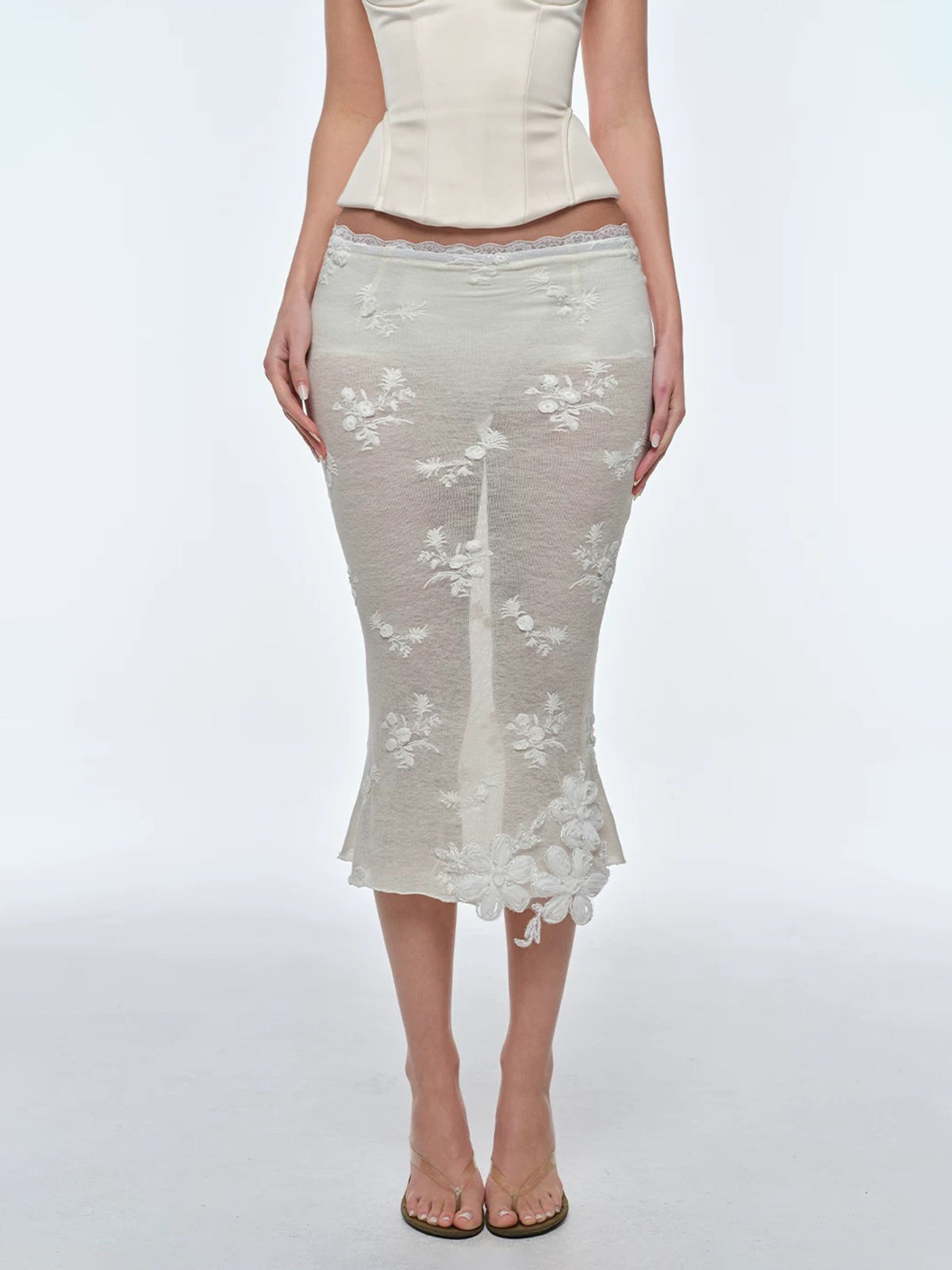 Brick Lane Skimming Lace Mesh Sheer Patchwork Maxi Skirt - Light Beige