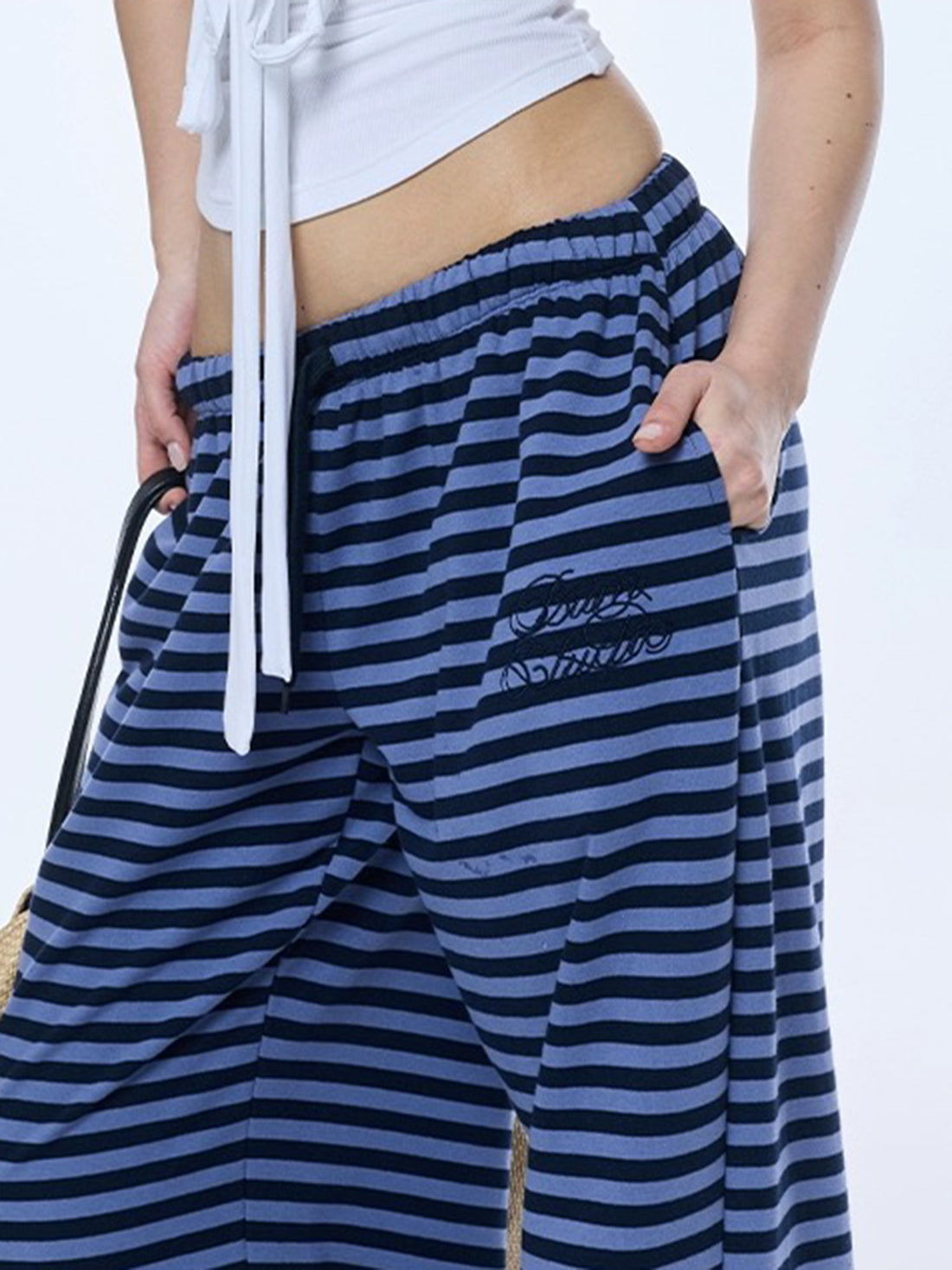 Brick Lane Wide-leg Stripe Pattern Casual Pants - Blue/Black