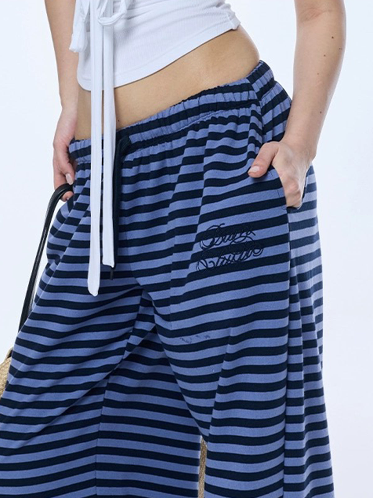 Brick Lane Wide-leg Stripe Pattern Casual Pants - Blue/Black