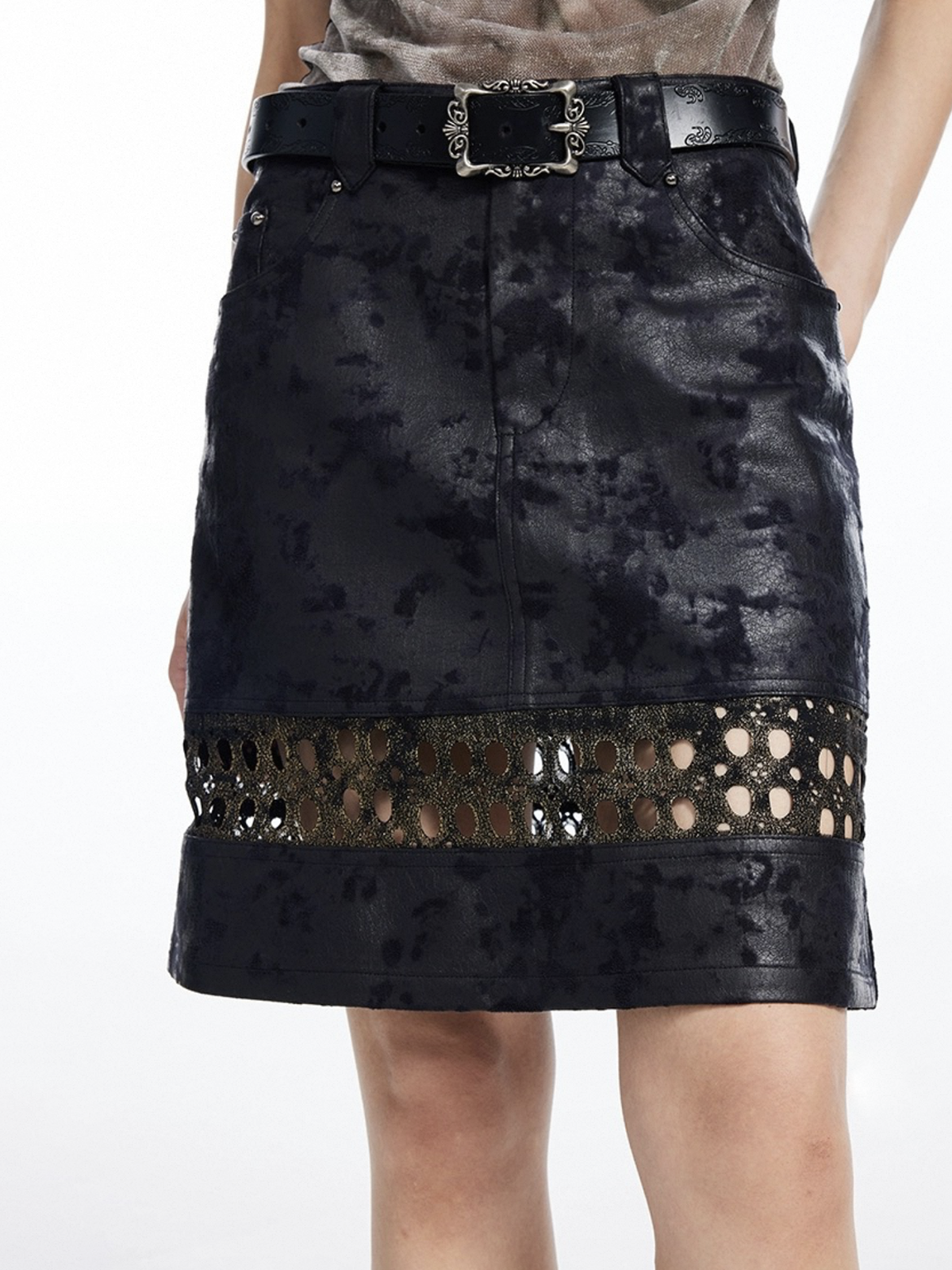 Cutline Theory Leather Skirt - Ink Black