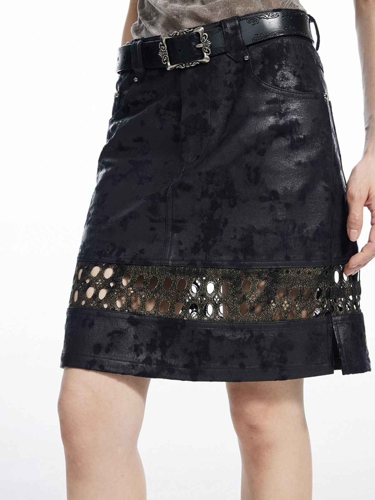 Cutline Theory Leather Skirt - Ink Black