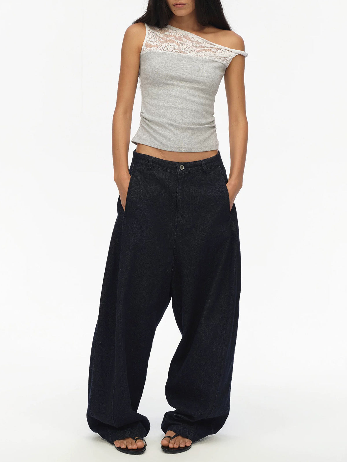 Tilt Lace Contrast Top - Cream Grey