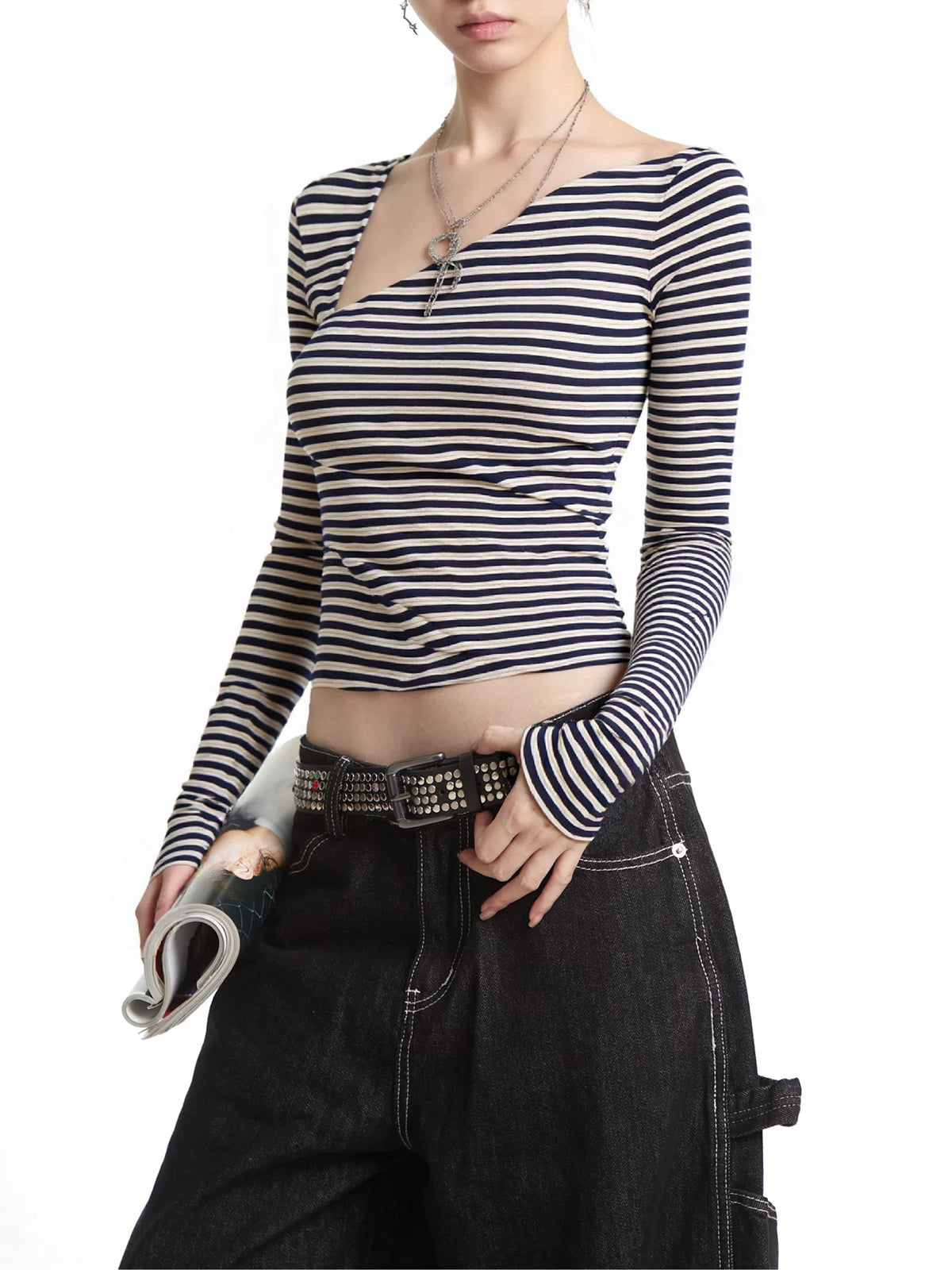 Offset Stripe Asym Sleeve Top - Navy Stripe