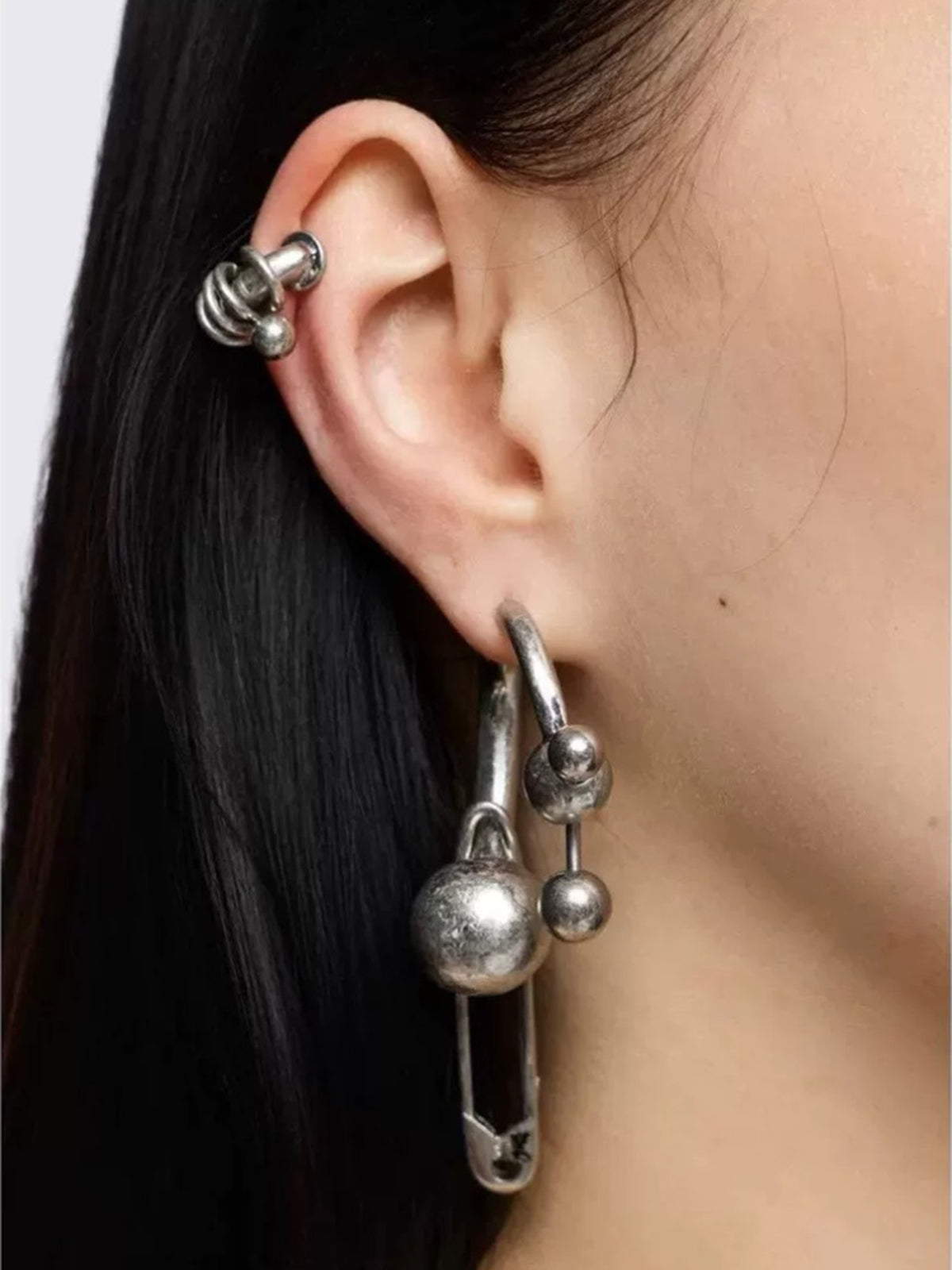 Brick Lane Y2K Textured Metal Ball Hoop Earring Set - Silver