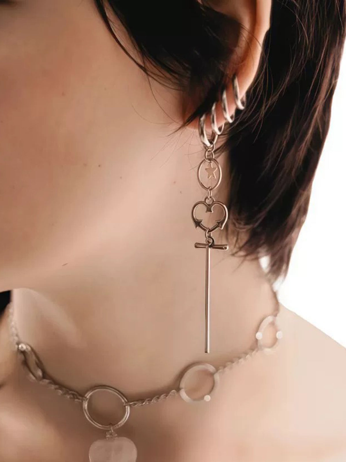 Brick Lane Vintage Heart Cross Tassel Earring Set - Silver