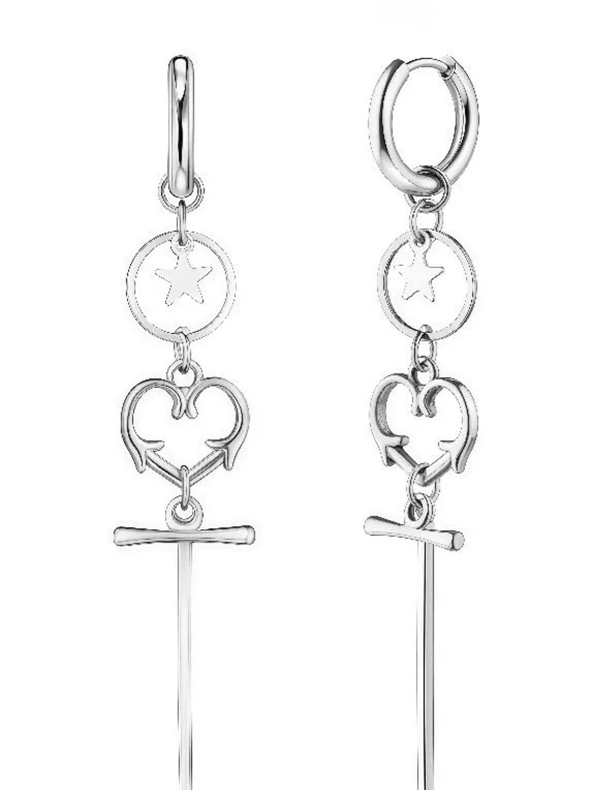 Brick Lane Vintage Heart Cross Tassel Earring Set - Silver
