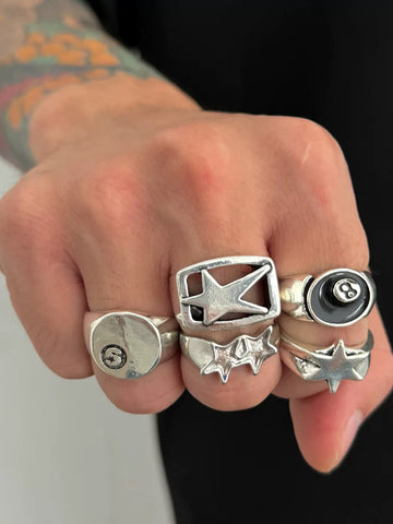 Brick Lane Vintage Streetwear Stackable Ring Set - Silver