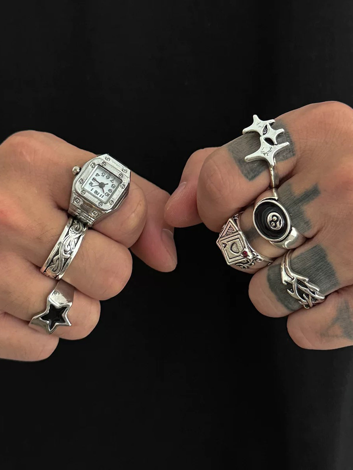 Brick Lane Punk Geometric Stackable Ring Set - Silver
