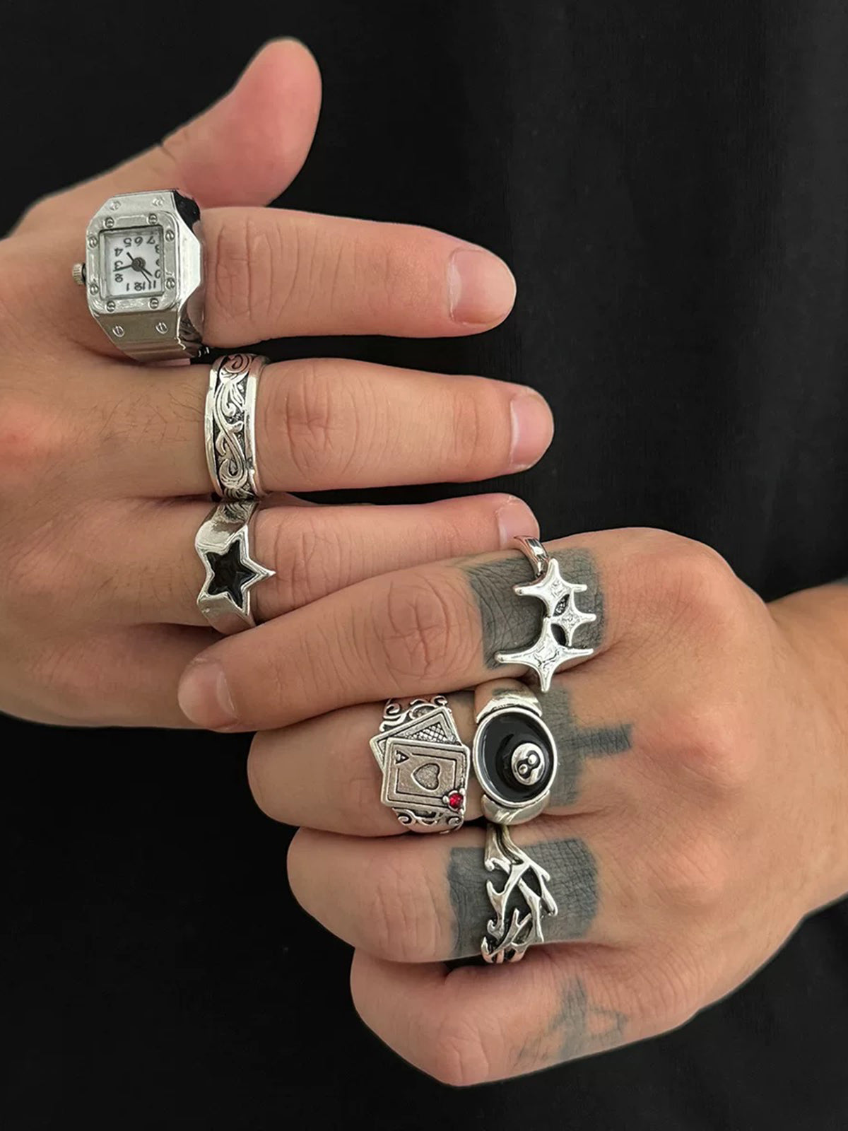 Brick Lane Punk Geometric Stackable Ring Set - Silver