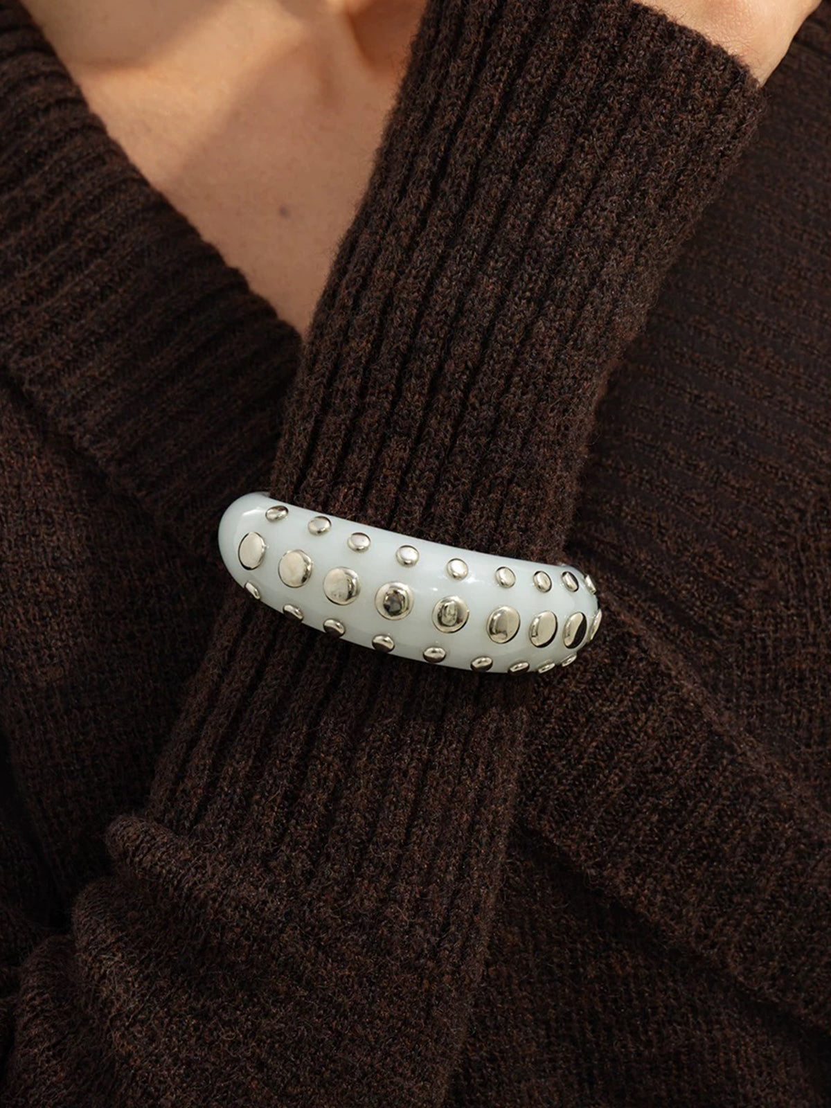 Brick Lane Punk Studded Rhinestone Cuff Bangle - White