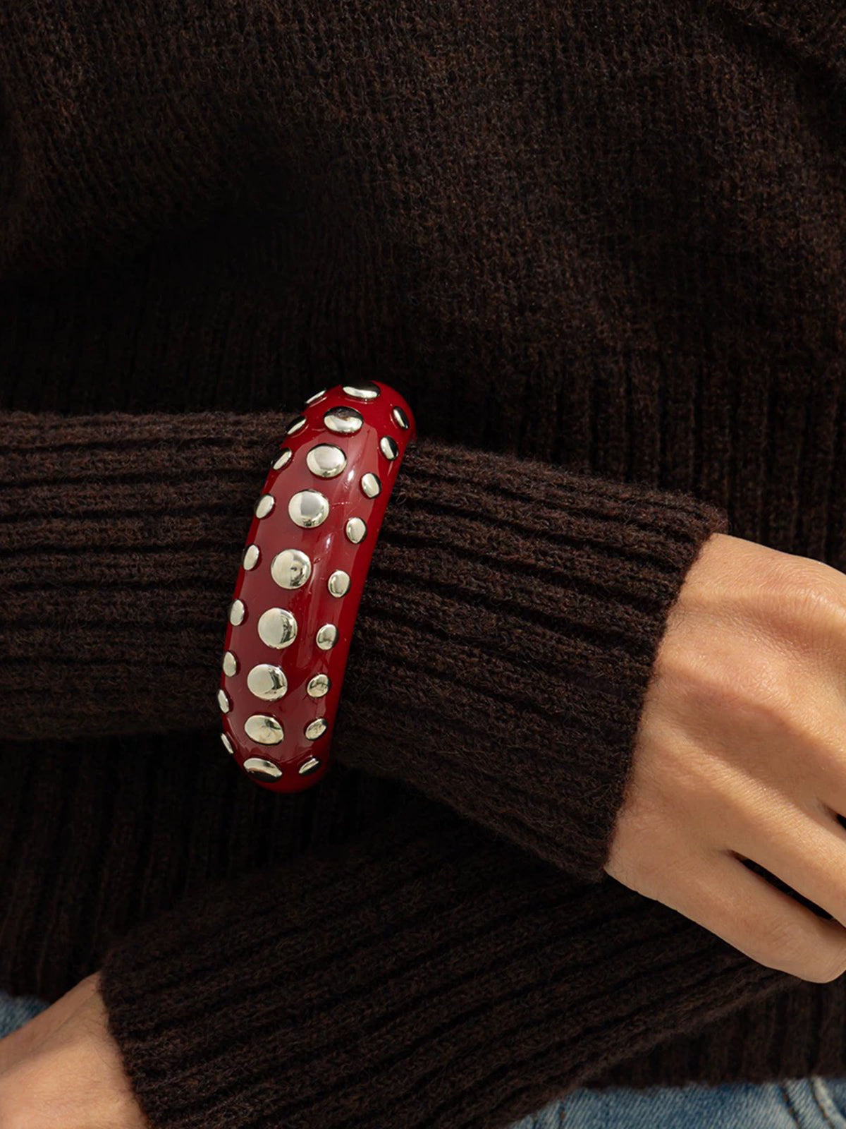 Brick Lane Punk Studded Rhinestone Cuff Bangle - Red