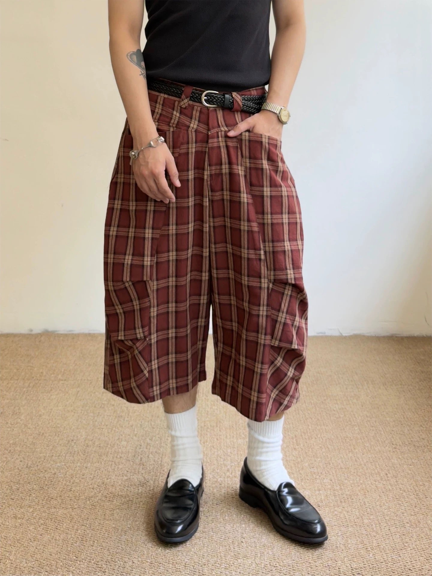 Brick Lane Wide-leg Check Pattern Casual Jorts - Red/Brown