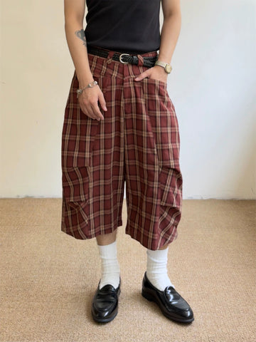 Brick Lane Wide-leg Check Pattern Casual Jorts - Red/Brown
