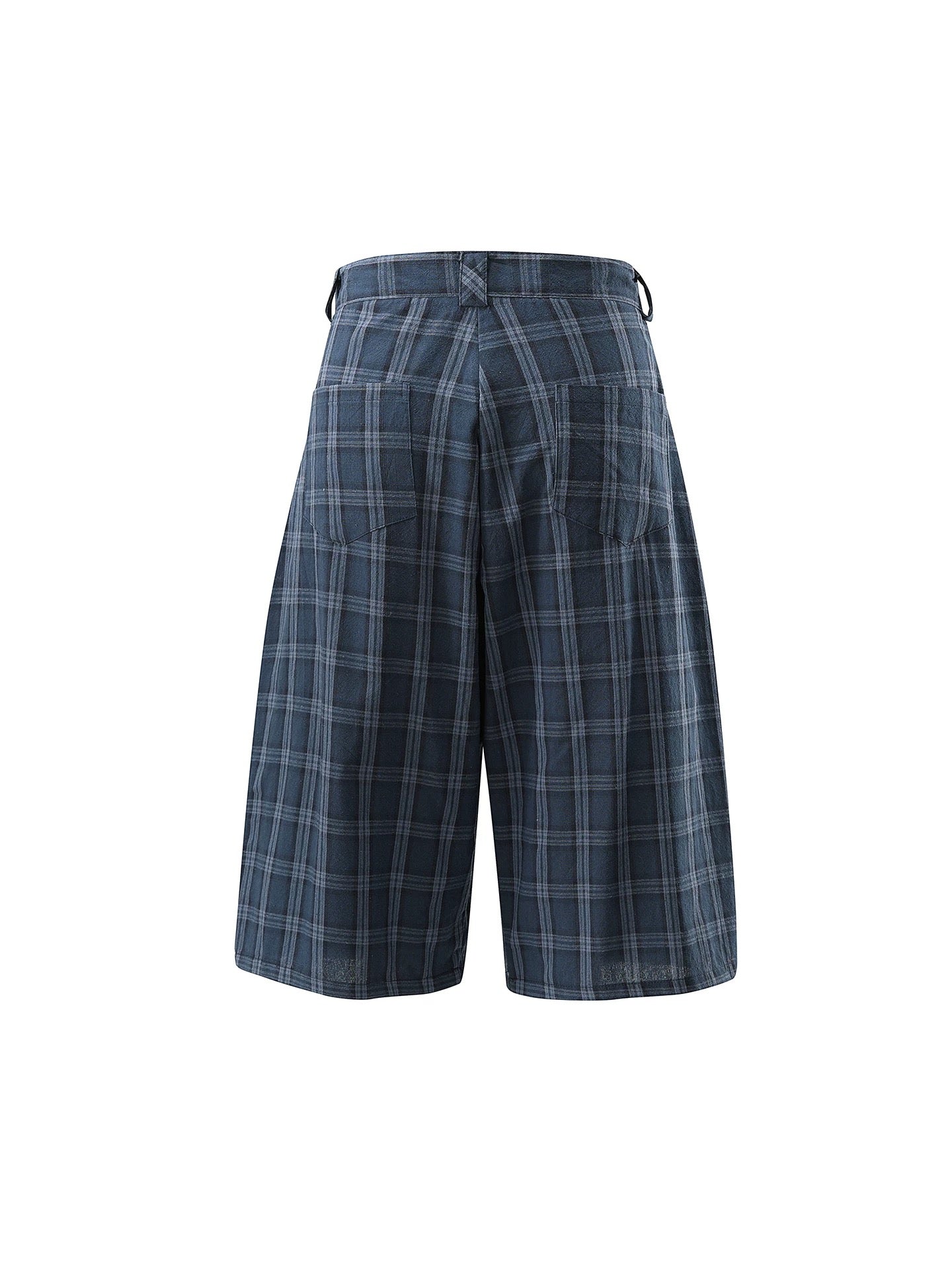 Brick Lane Wide-leg Check Pattern Denim Jorts - Navy
