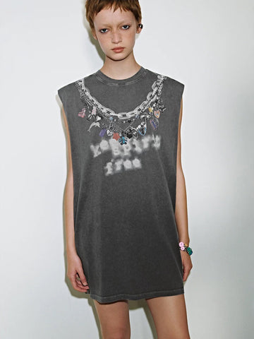 Ghost Chain Graphic Long Tank Top - Washed Grey