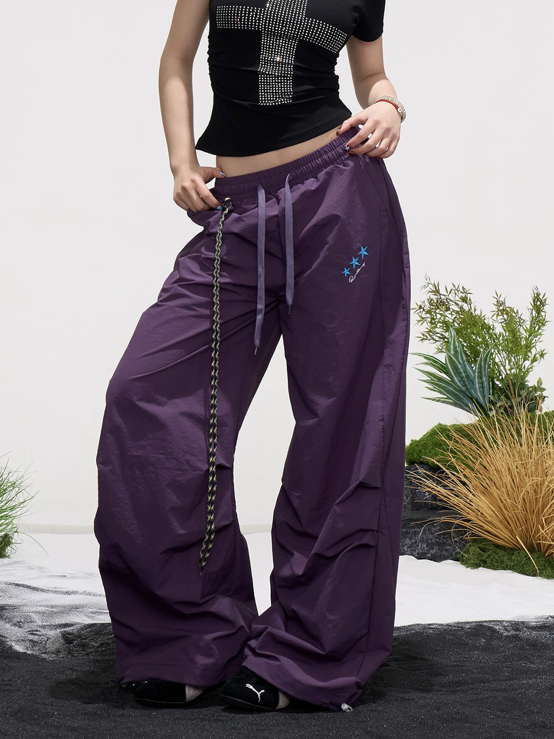 Brick Lane Wide-leg Star Cargo Pants - Purple