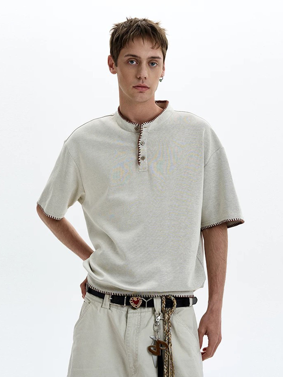 Loop Stitch Polo Knit Tee - Cream Beige