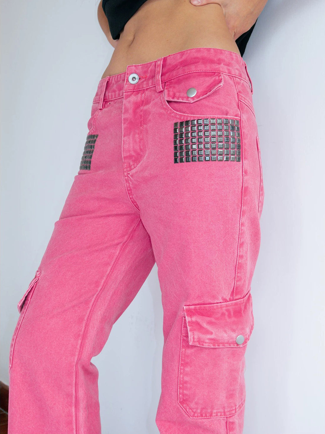 Brick Lane Flared Multi-Pocket Cargo Pants - Pink