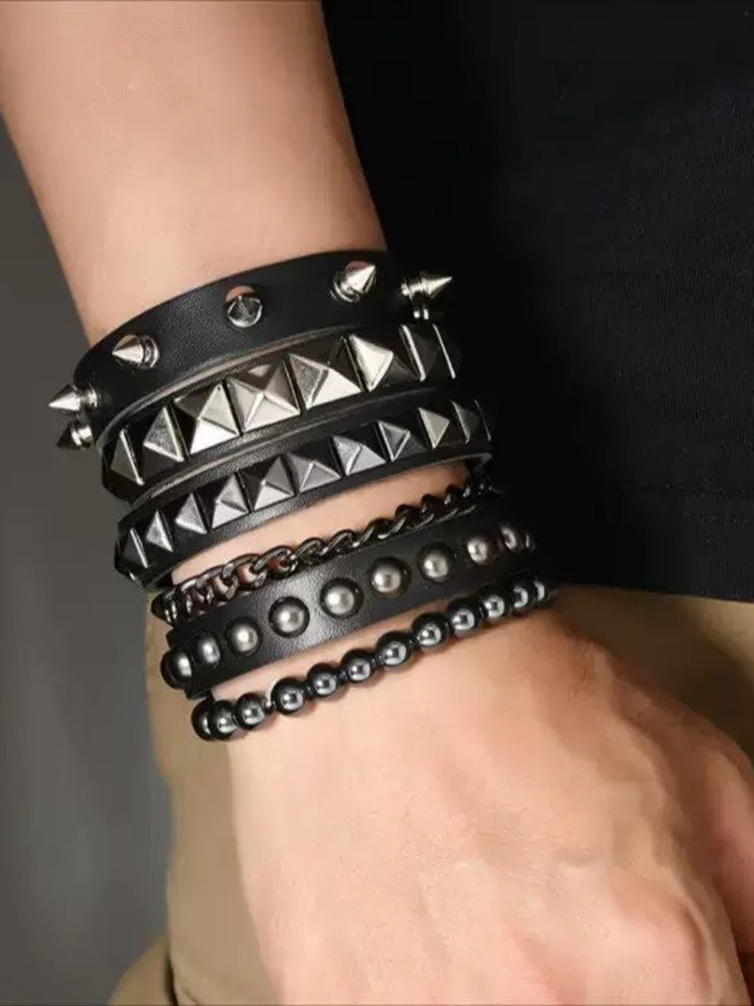 Brick Lane Punk Multi-Layer Studded Leather Bracelet - Black