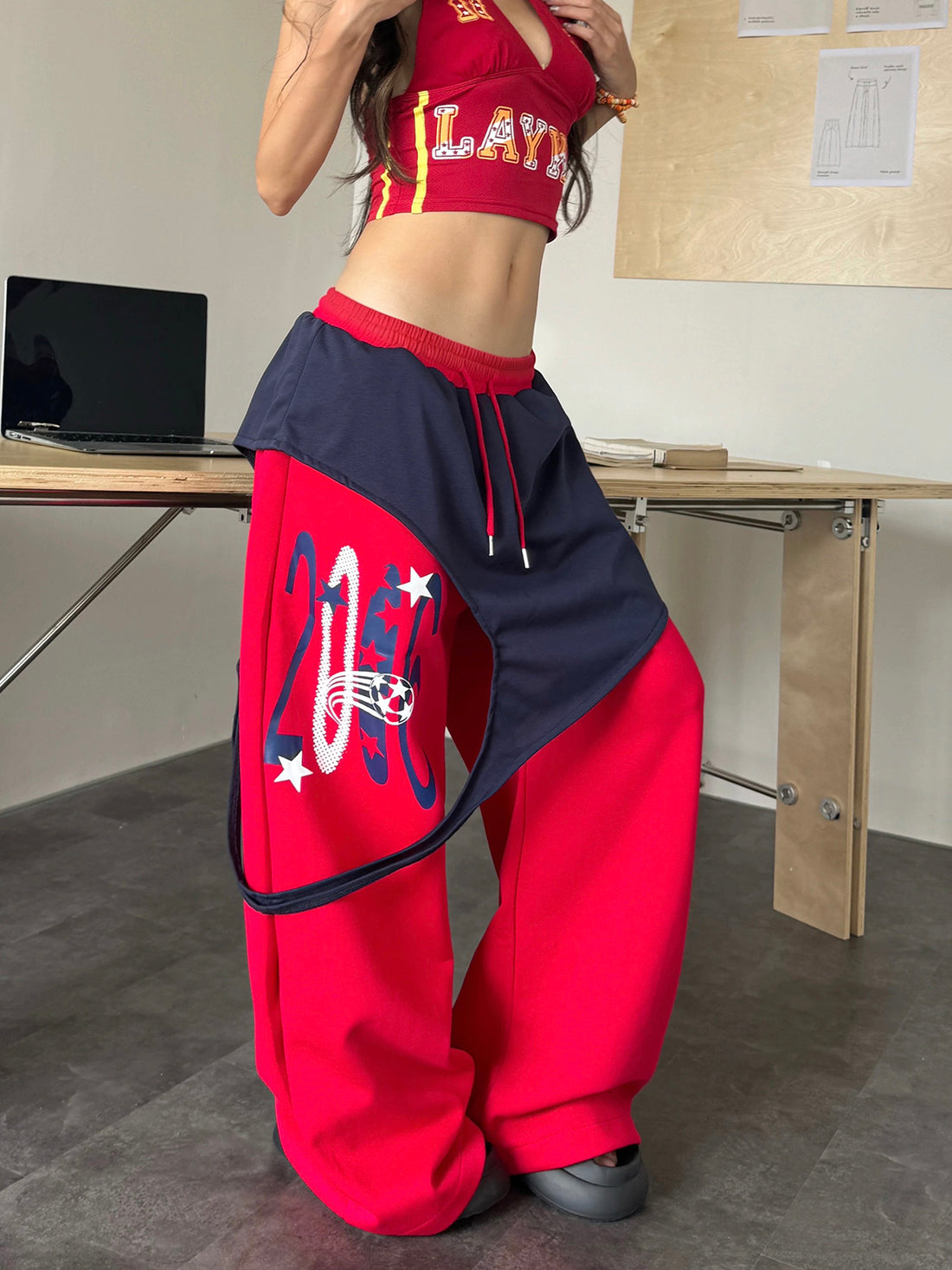 Brick Lane Layered-look Contrast Cargo Pants - Red