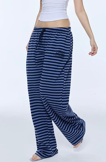 Brick Lane Wide-leg Stripe Pattern Casual Pants - Blue/Black