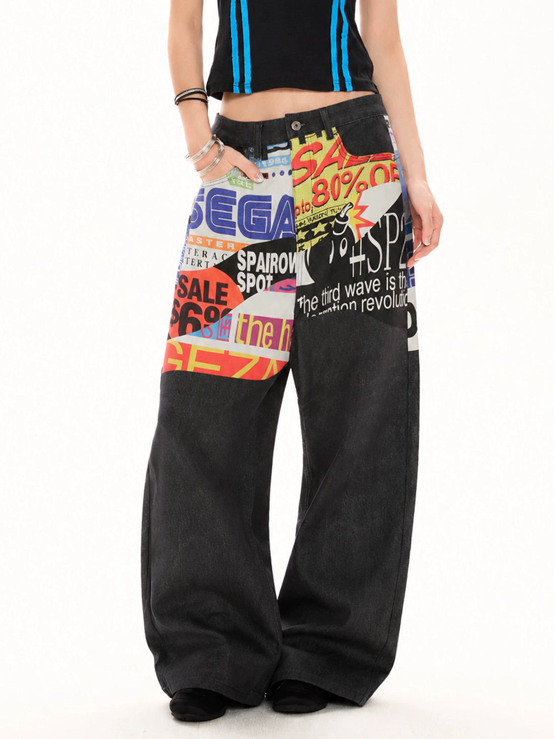 Brick Lane Wide-leg Contrast Graphic Cargo Pants - Black
